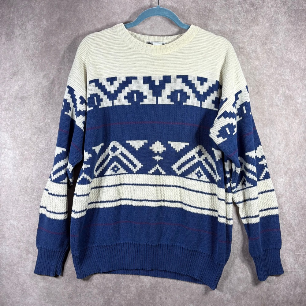 Ron Chereskin Sweater Mens XL Blue White Geometric Aztec Cotton Knit Vintage 90s